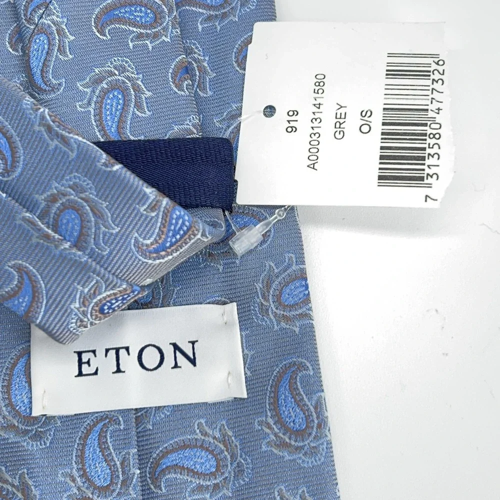 Eton Necktie Mens One Size‎ Grey Blue Silk Paisley Luxury Made In England NWT